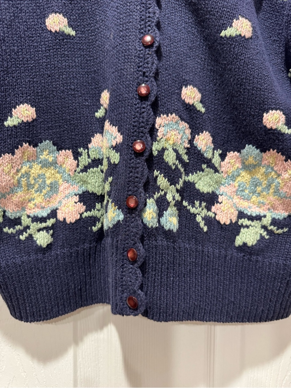 Charming Navy Floral Knit Cardigan Lace Collar Hand Embroidered Feminine Style - Picture 4 of 14